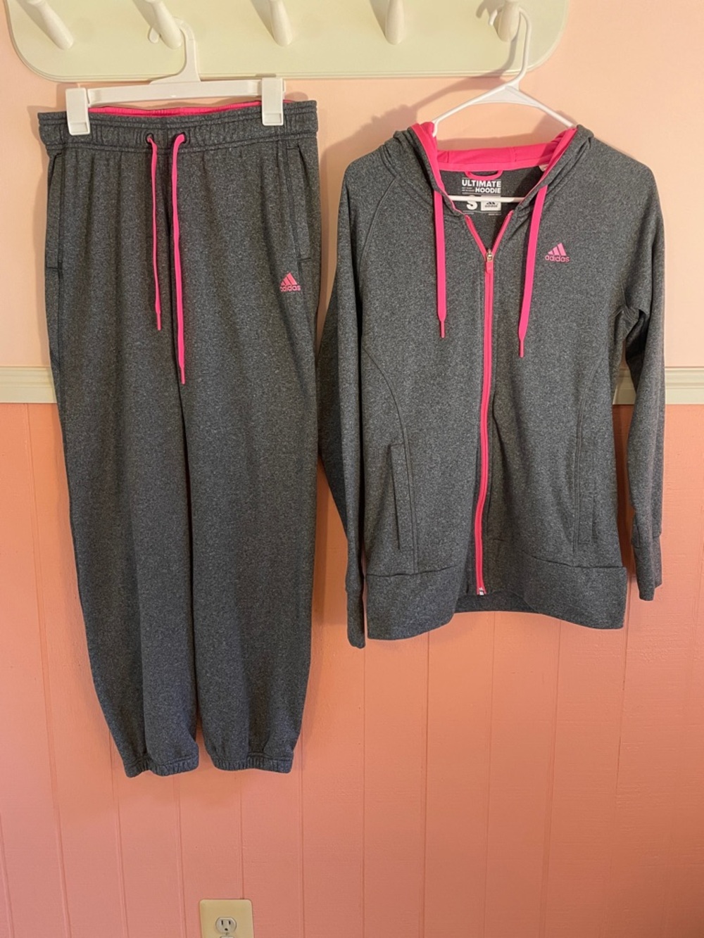 Adidas Charcoal Gray and Hot Pink Hoodie Sweatpants Set
